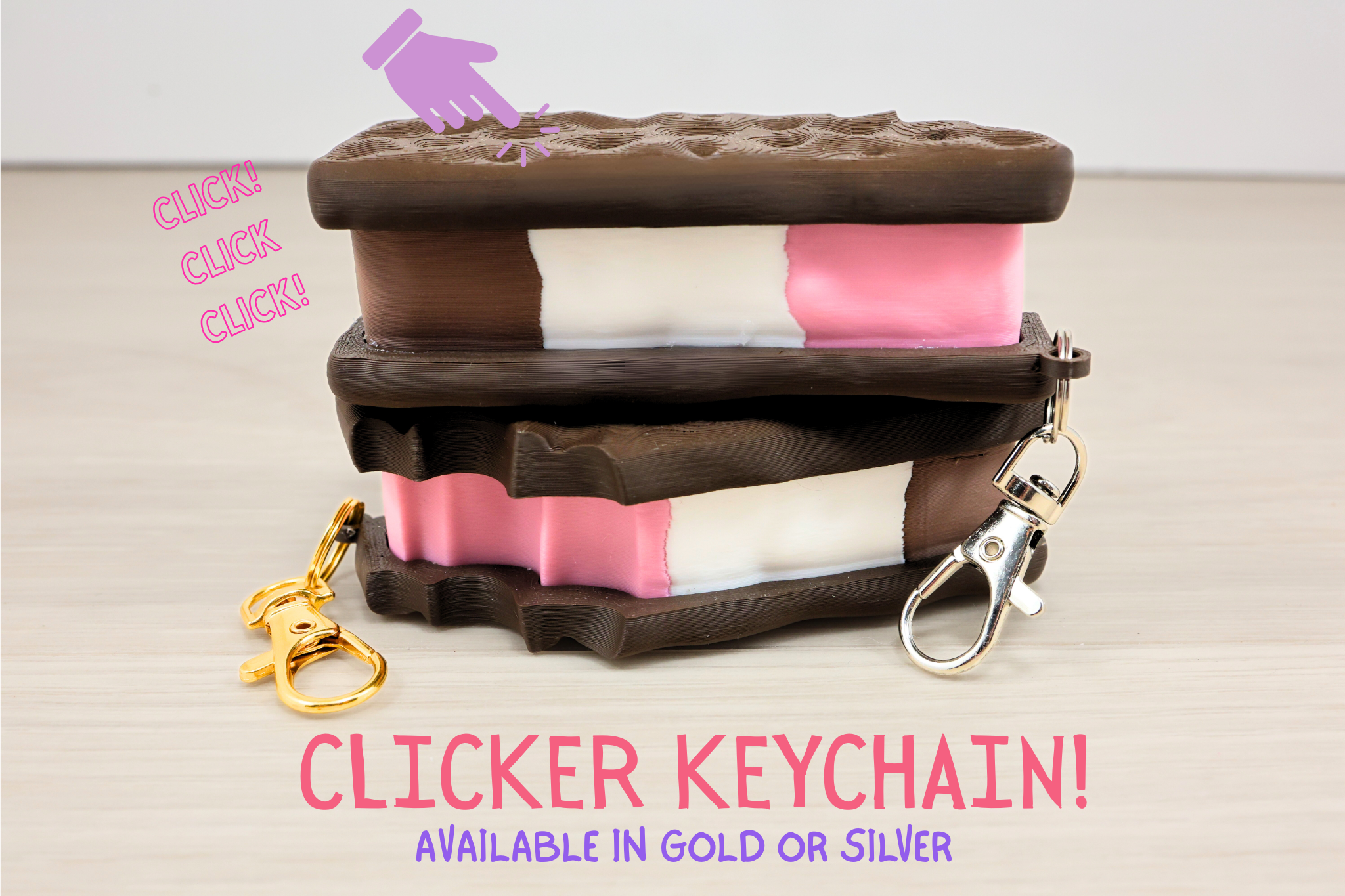 3D Printed Neapolitan Ice Cream Sandwich Clicker Keychain