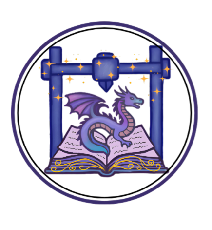 Logo with a dragon on a book, enclosed in a circular frame on a white background