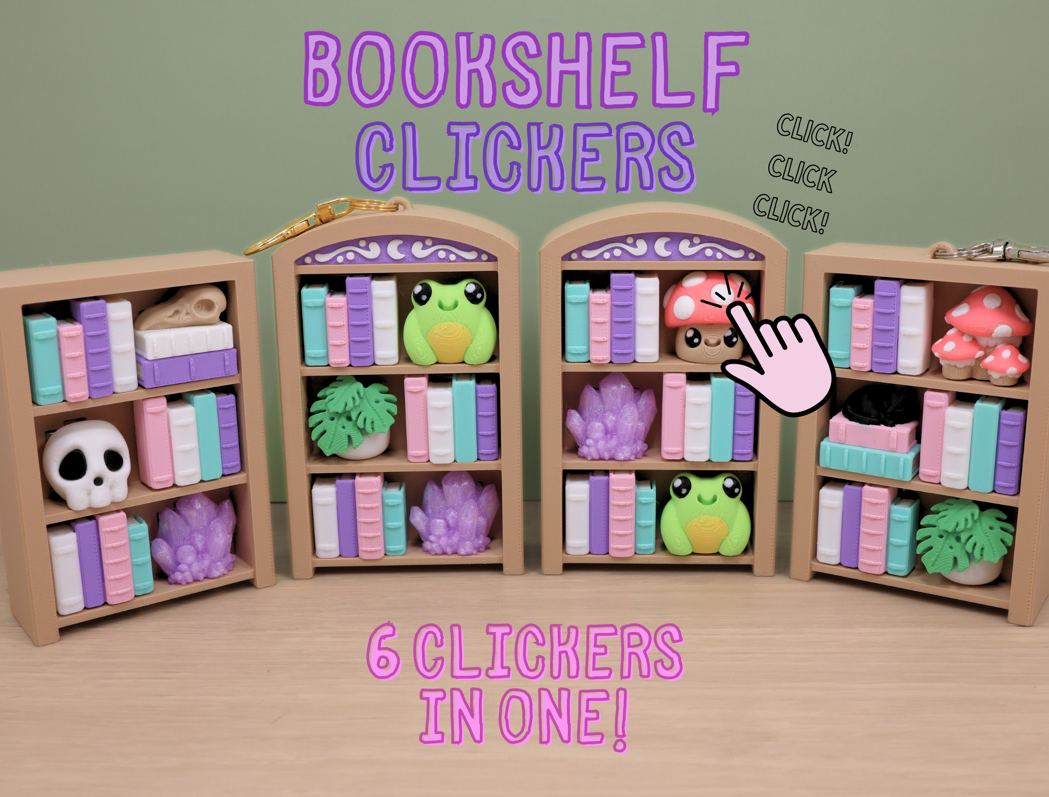 3D Printed Large Bookshelf 6 Clickers Fidget Toy