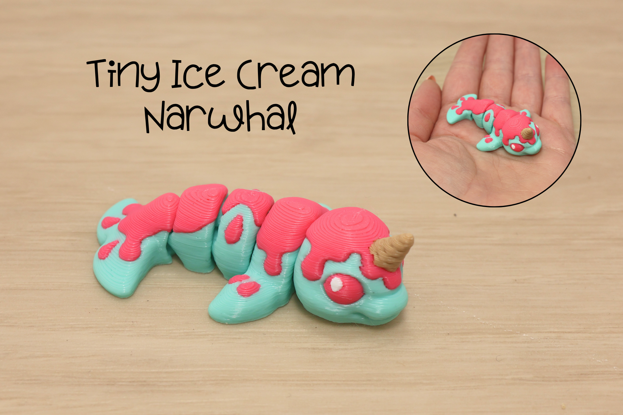 3D Printed Articulated Tiny Ice Cream Narwhal Fidget Toy