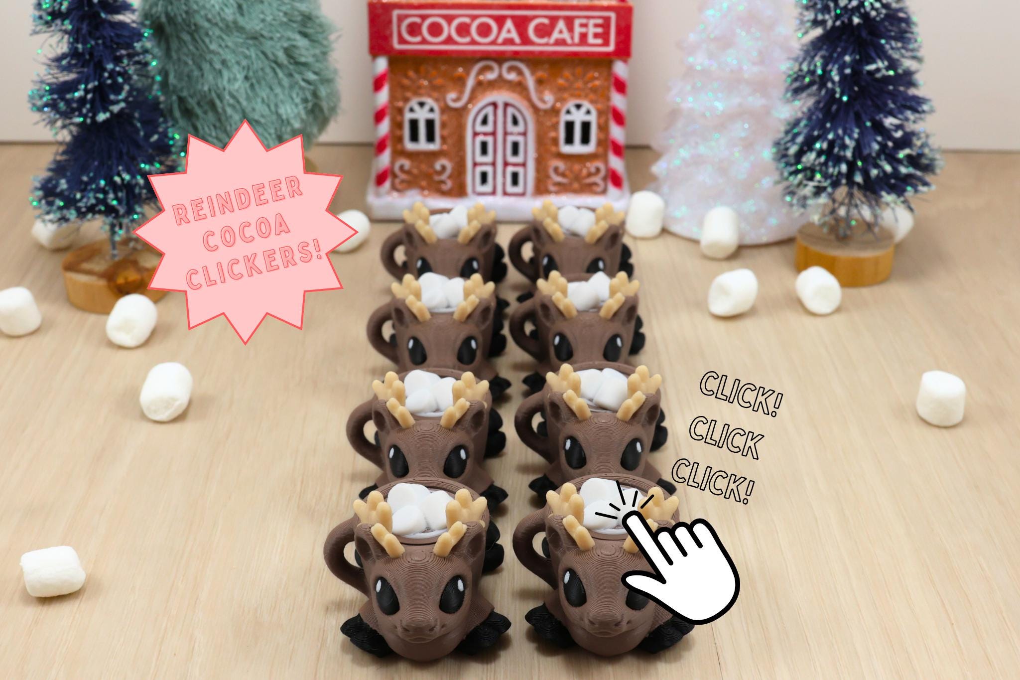 3D Printed Reindeer Hot Cocoa Fidget Clicker - Festive Marshmallow Button Toy